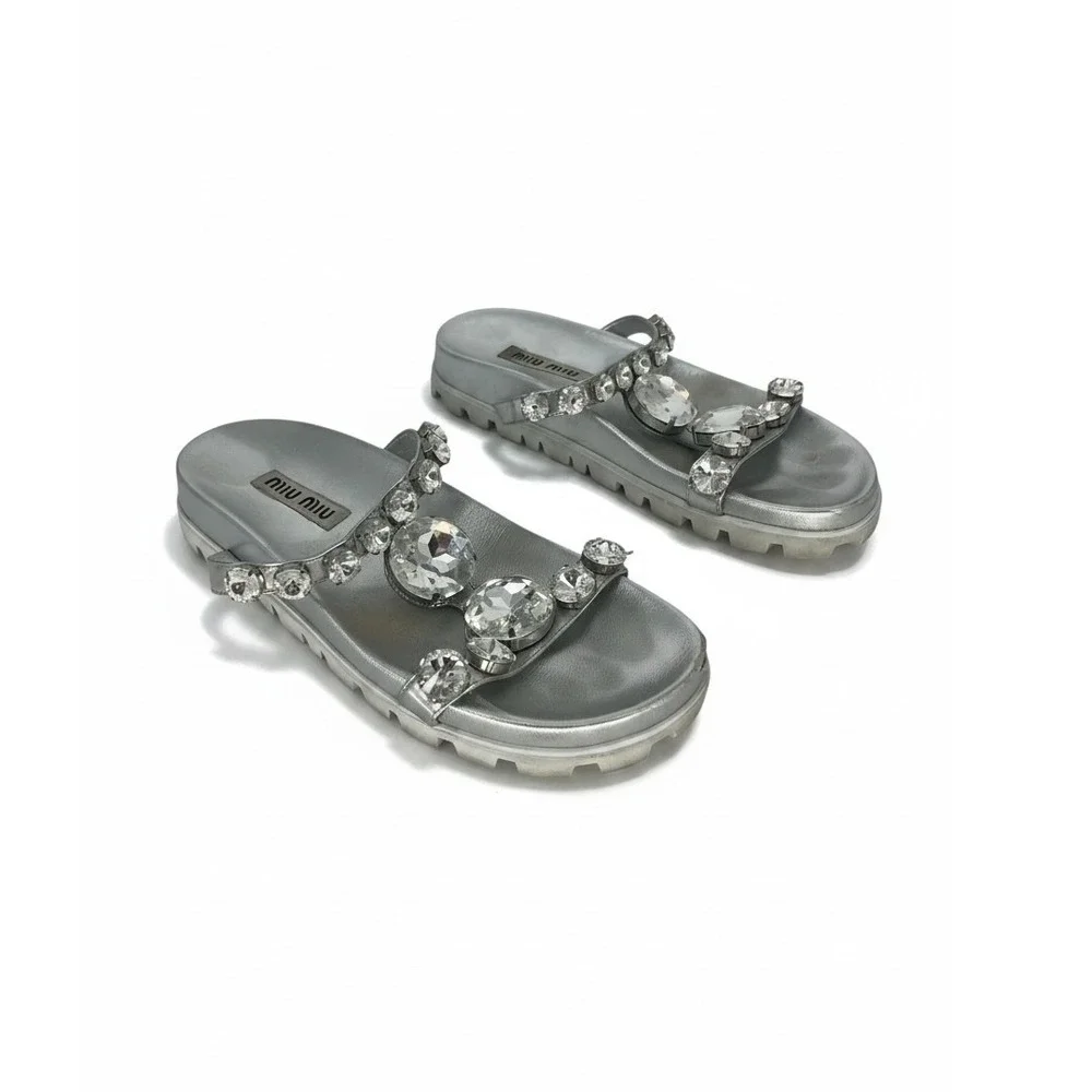 Miu Miu Argento Crystal Embellished Platform Slide Sandals Silver Size 39.5